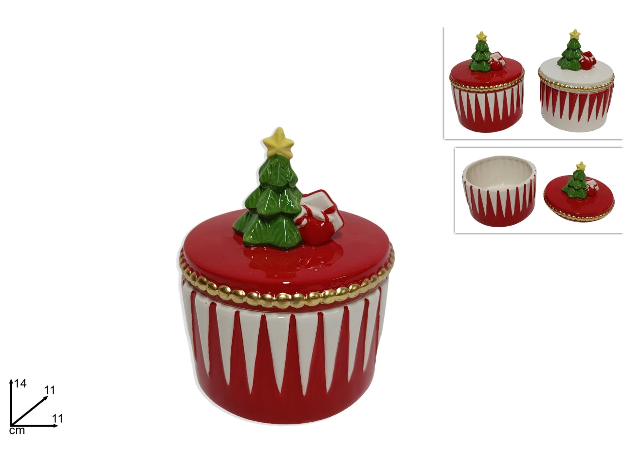 Barattolo in ceramica 14cm con alberello e decoro rosso/bianco in 2 assortimenti