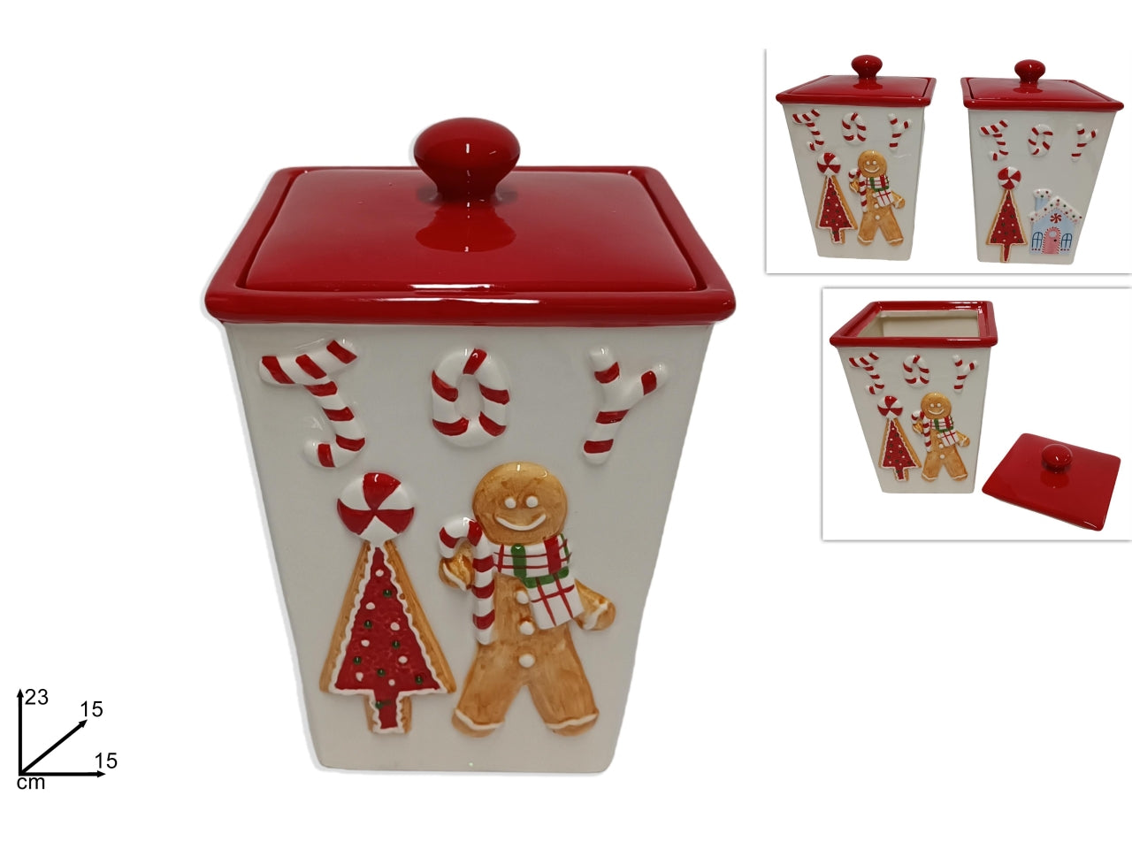 Barattolo natalizio quadrato in ceramica 23cm decoro biscotto in 2 assortimenti