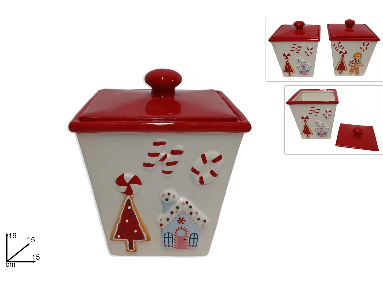 Barattolo natalizio quadrato in ceramica 19cm decoro biscotto in 2 assortimenti