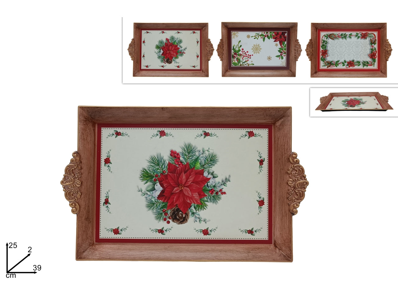 Vassoio in plastica 39x25cm effetto legno decoro stella di natale in 3 assortimenti