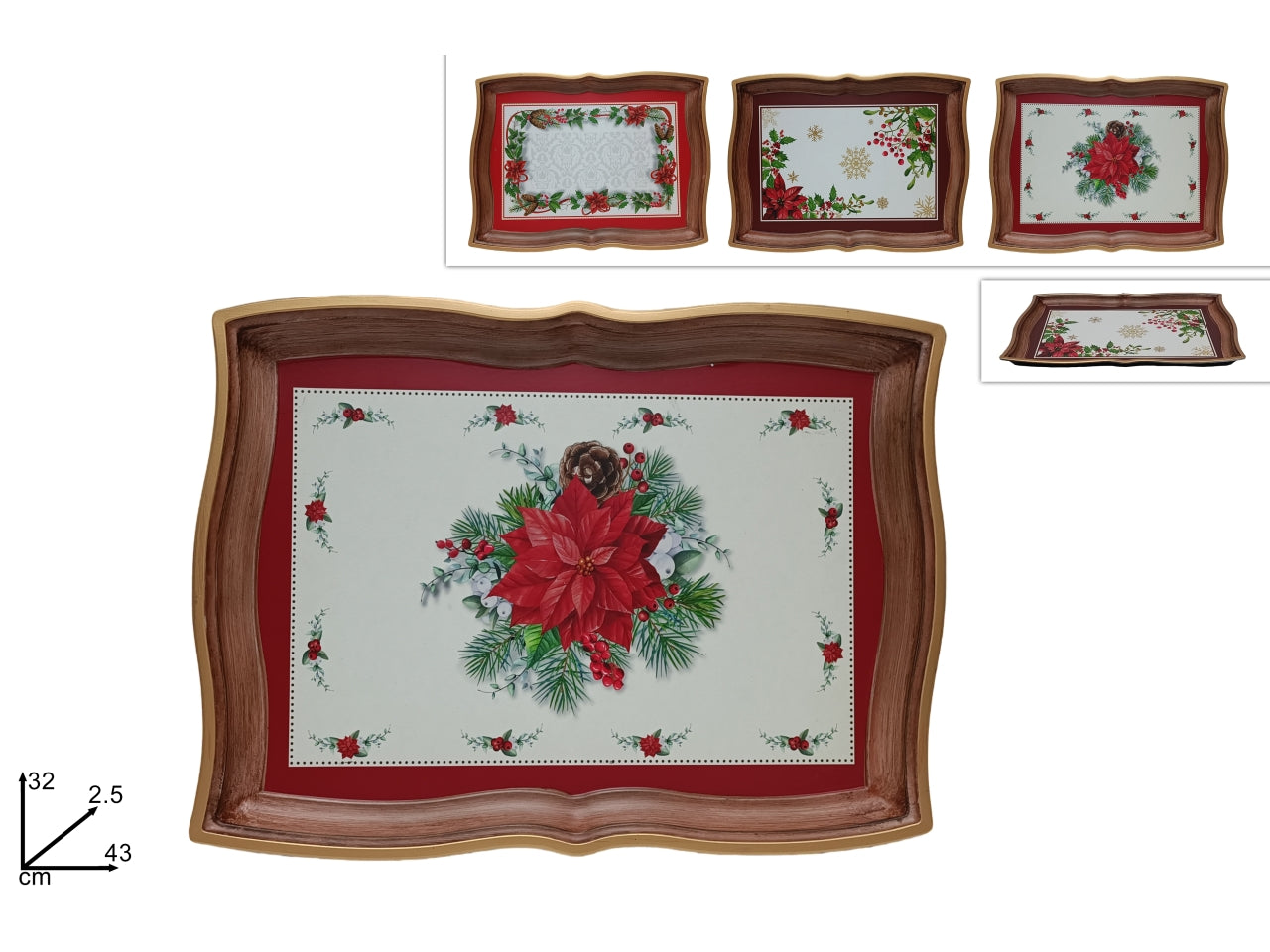 Vassoio in plastica 43x32cm effetto legno decoro stella di natale in 3 assortimenti