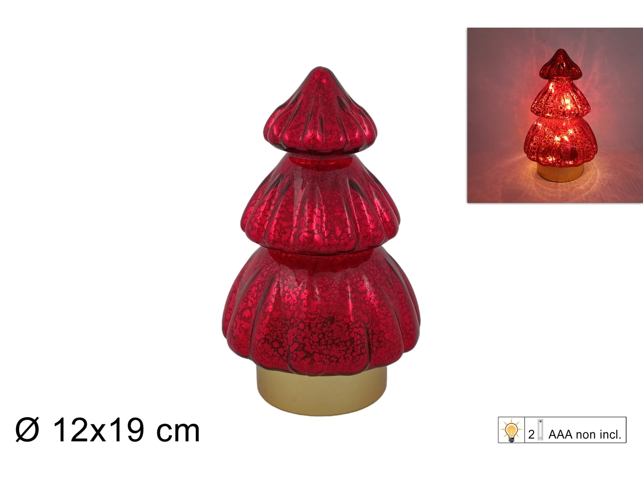 Alberello in vetro 19cm rosso con luce a batteria