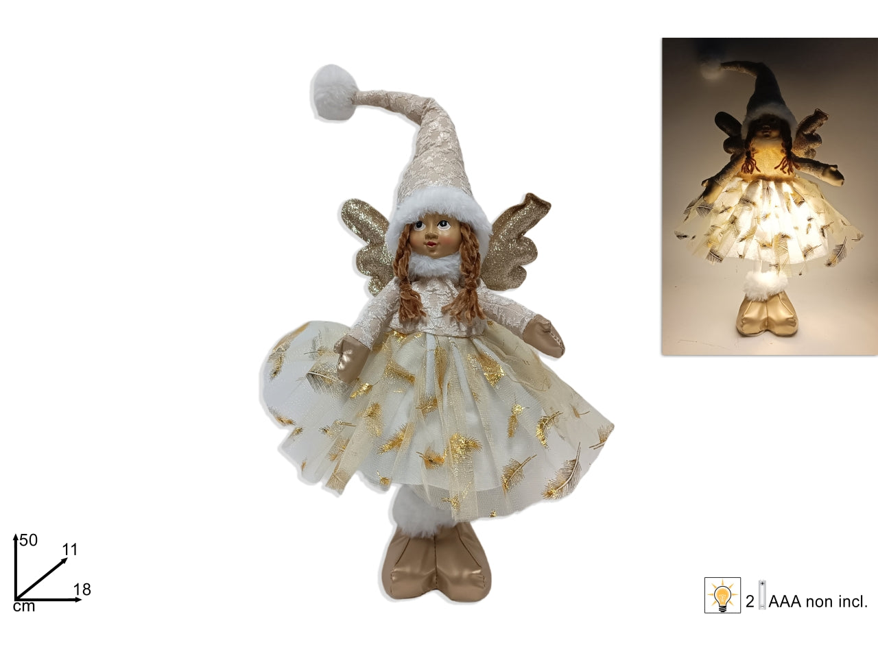 Angelo con vestito di tulle bianco/oro e cappello con luci