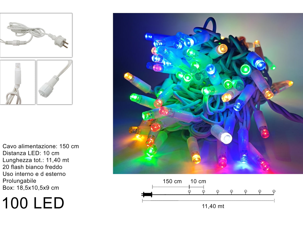Luccioloni 100 led 20 led flash multicolor prolungabile filo bianco le