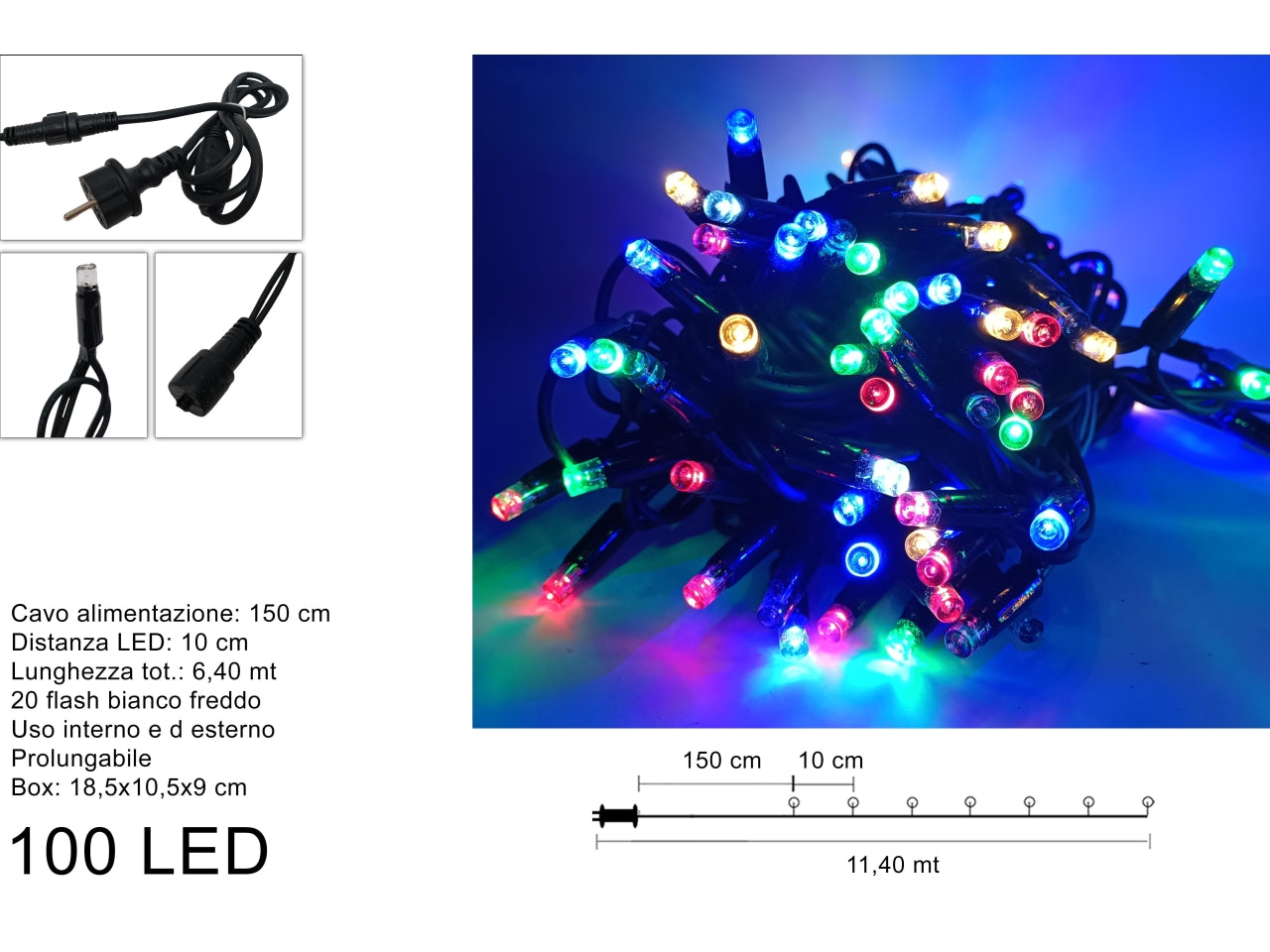 Luccioloni 100 led 20 led flash multicolor prolungabile filo nero ledp