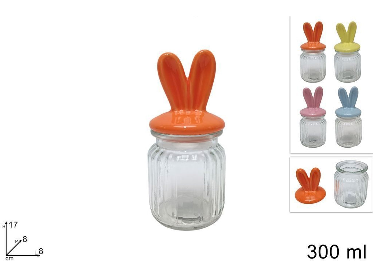 Barattolo vetro 300ml con tappo orecchie coniglio in 4 assortimenti