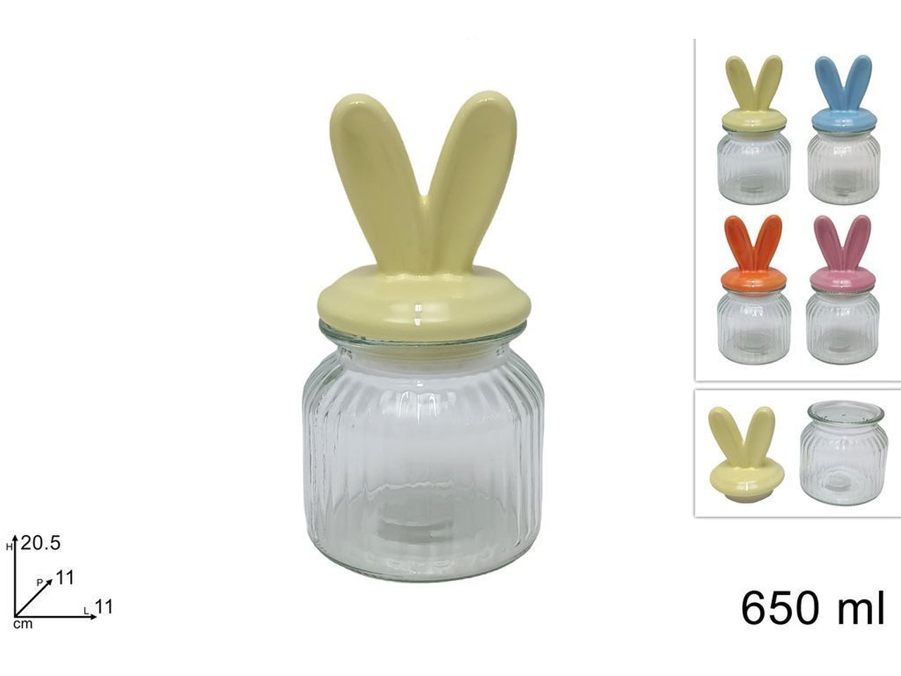 Barattolo vetro 650ml con tappo orecchie coniglio in 4 assortimenti