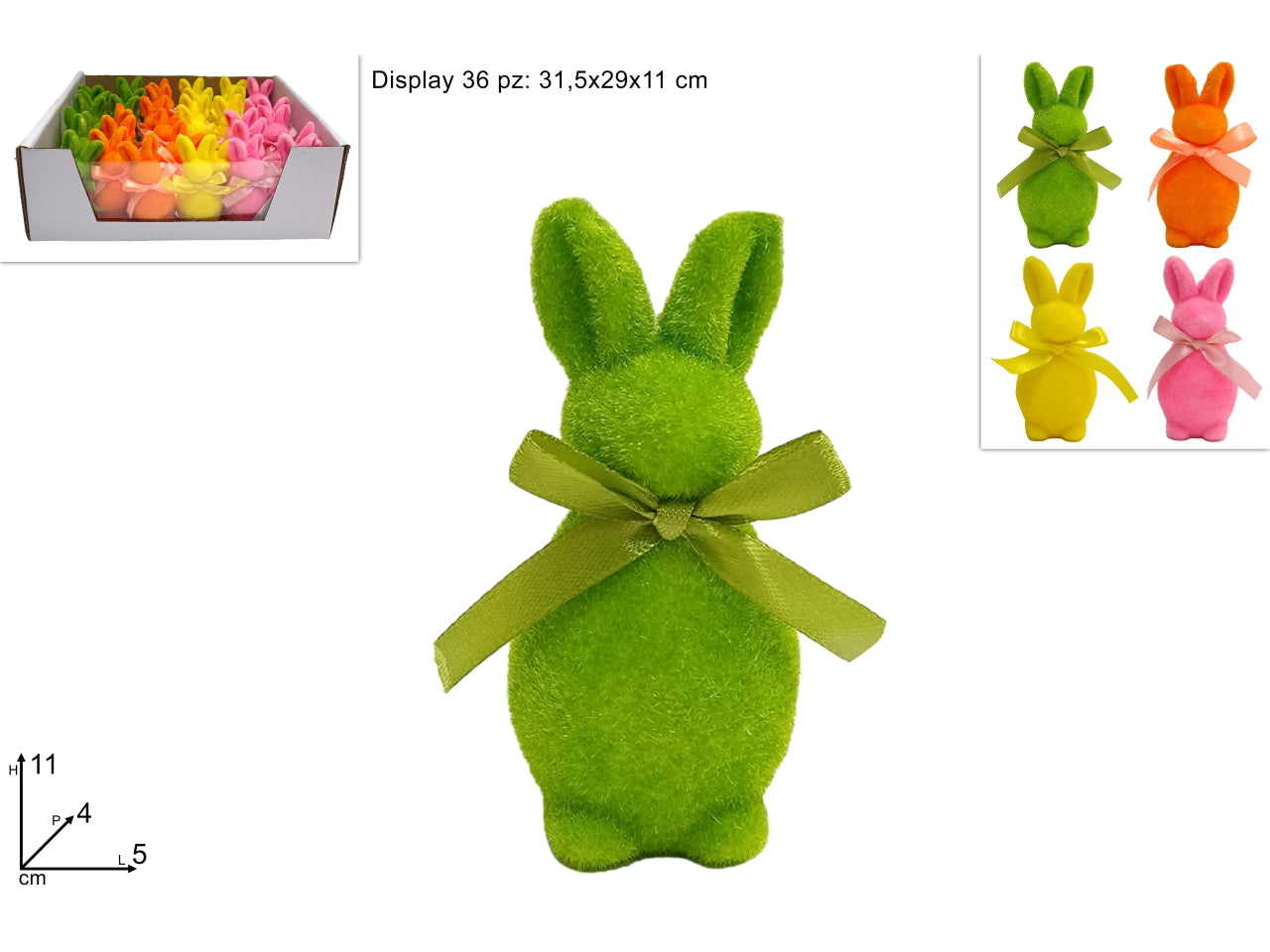Coniglio floccato 10cm con fiocco in 4 colori assortiti
