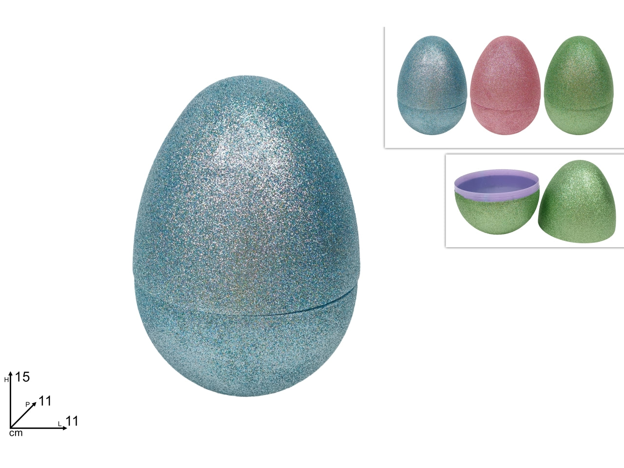 Uova plastica 15cm glitterate in 3 colori