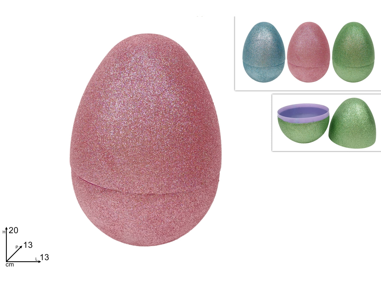Uova plastica 20cm glitterato in 3 colori