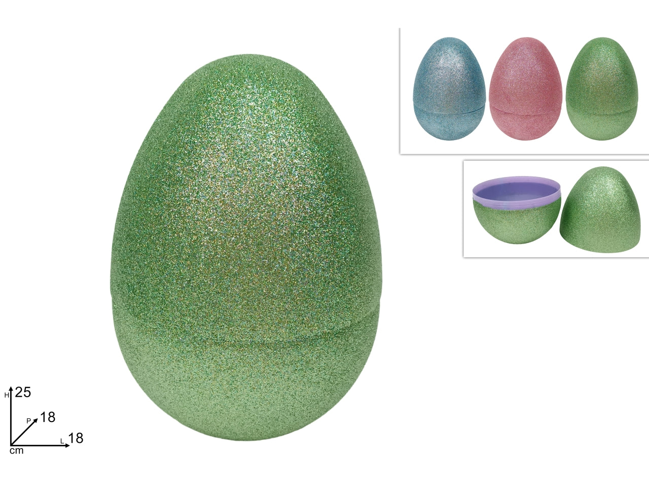 Uova plastica 25cm glitterato in 3 colori