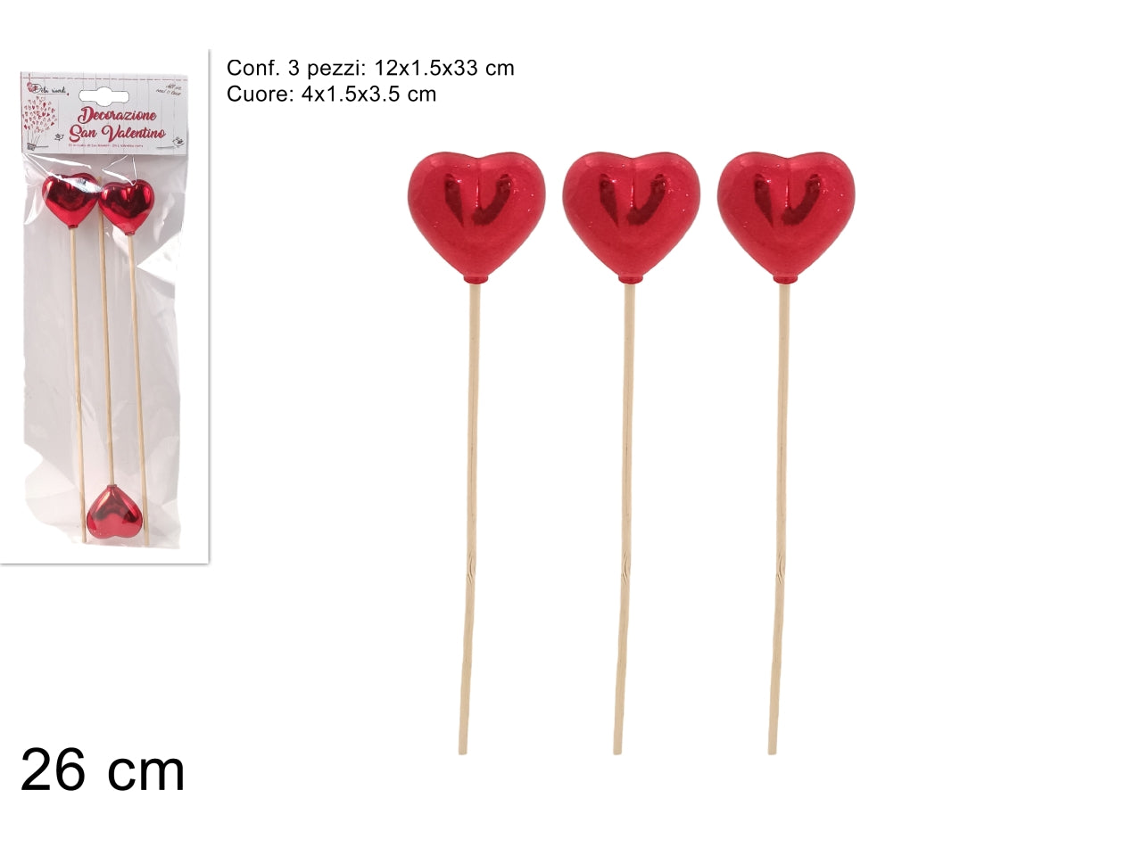Spilloni cuore rosso lucido 26cm - set da 3 spilloni