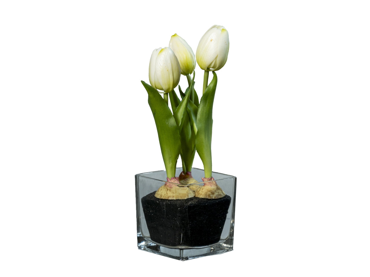 Tulipani bianchi artificiali in vaso di vetro 23 cm - Tobia's Decò.