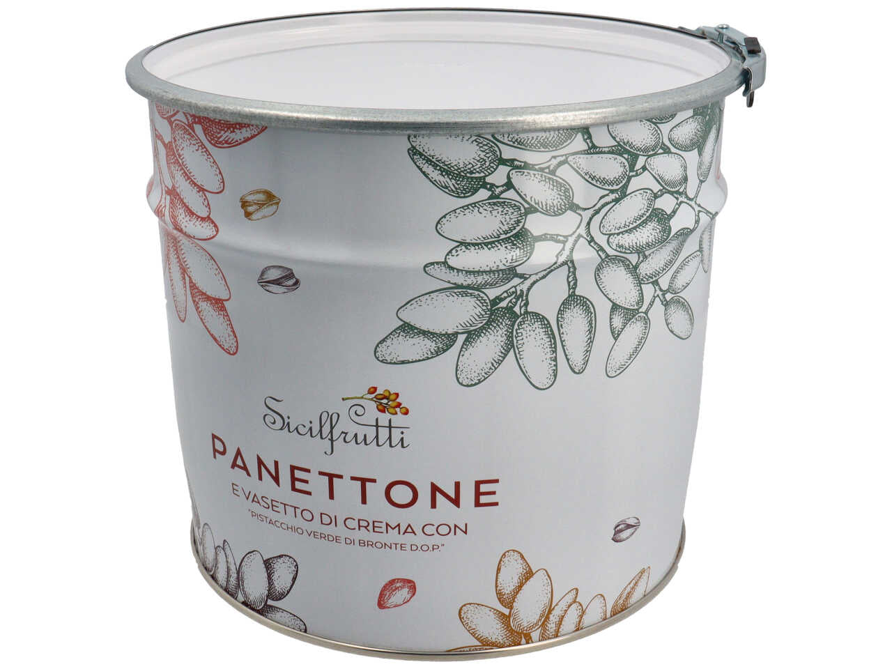 Sicilfrutti scatola in latta contenente panettone da 750gr con copertura al pistacchio,granella di pistacchio e vasetto da 190gr crema di pistacchio verde di bronte dop