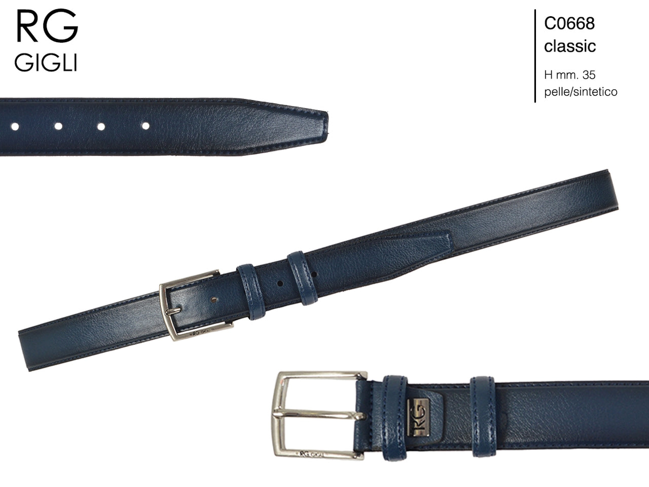 Cintura uomo Romeo Gigli blu in pelle sintetica con fibbia in metallo grigio opaco da 40 mm, taglia unica