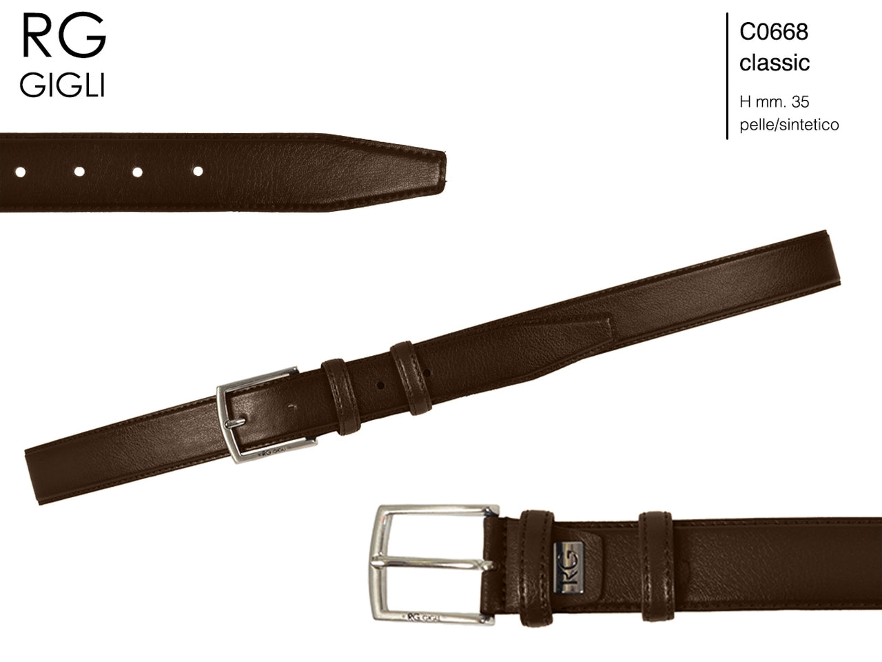 Cintura uomo Romeo Gigli marrone in pelle sintetica con fibbia in metallo grigio opaco da 40 mm, taglia unica