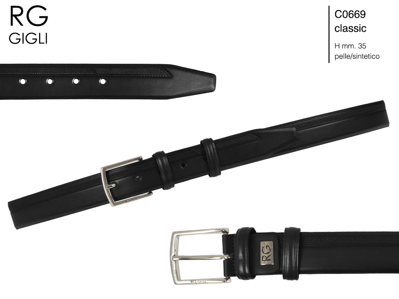 Cintura uomo Romeo Gigli nero in pelle sintetica con fibbia in metallo grigio opaco da 35 mm, taglia unica