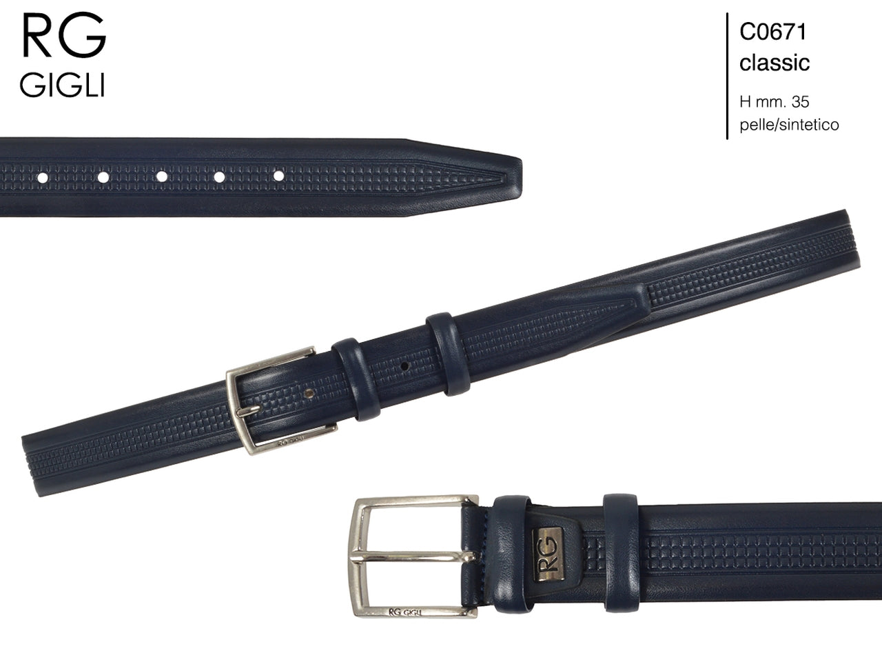 Cintura uomo Romeo Gigli blu in pelle sintetica con fibbia in metallo grigio opaco da 35 mm, taglia unica