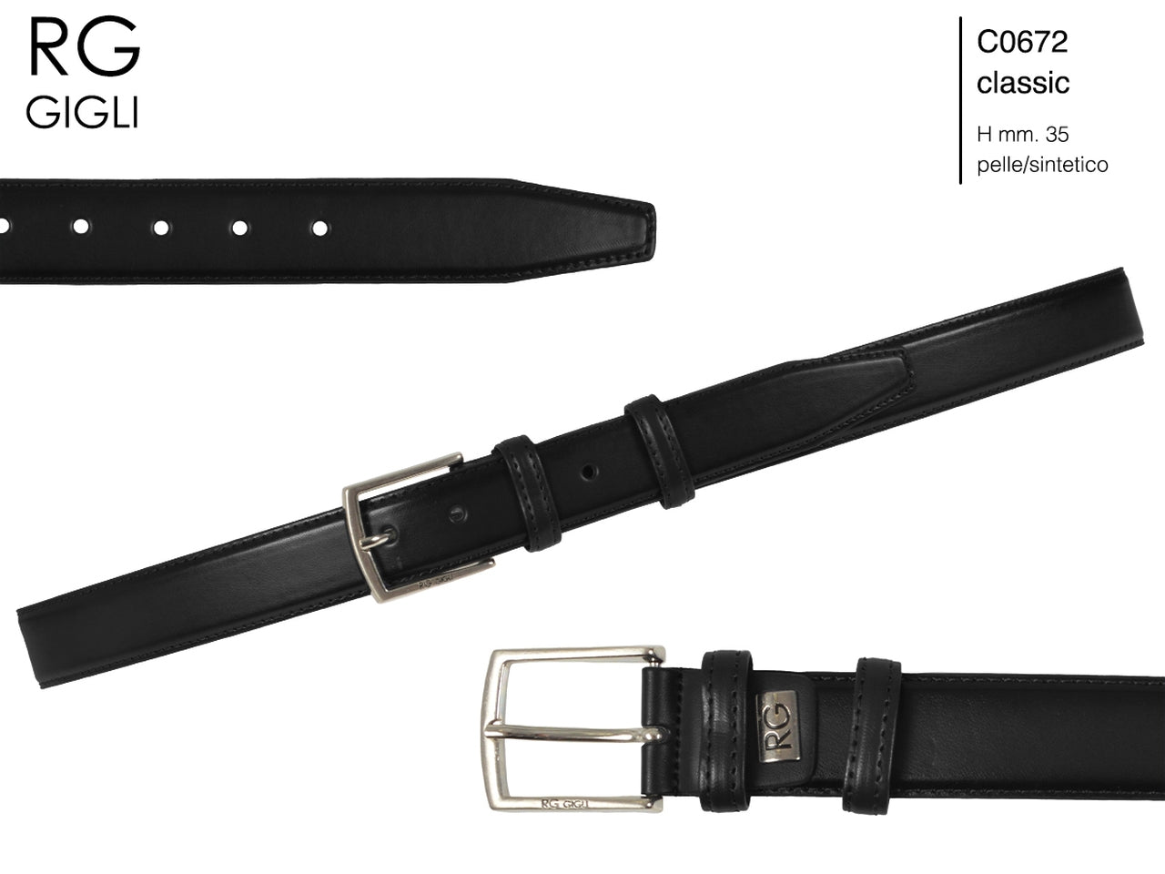 Cintura uomo Romeo Gigli nero in pelle sintetica con fibbia in metallo grigio opaco da 35 mm, taglia unica