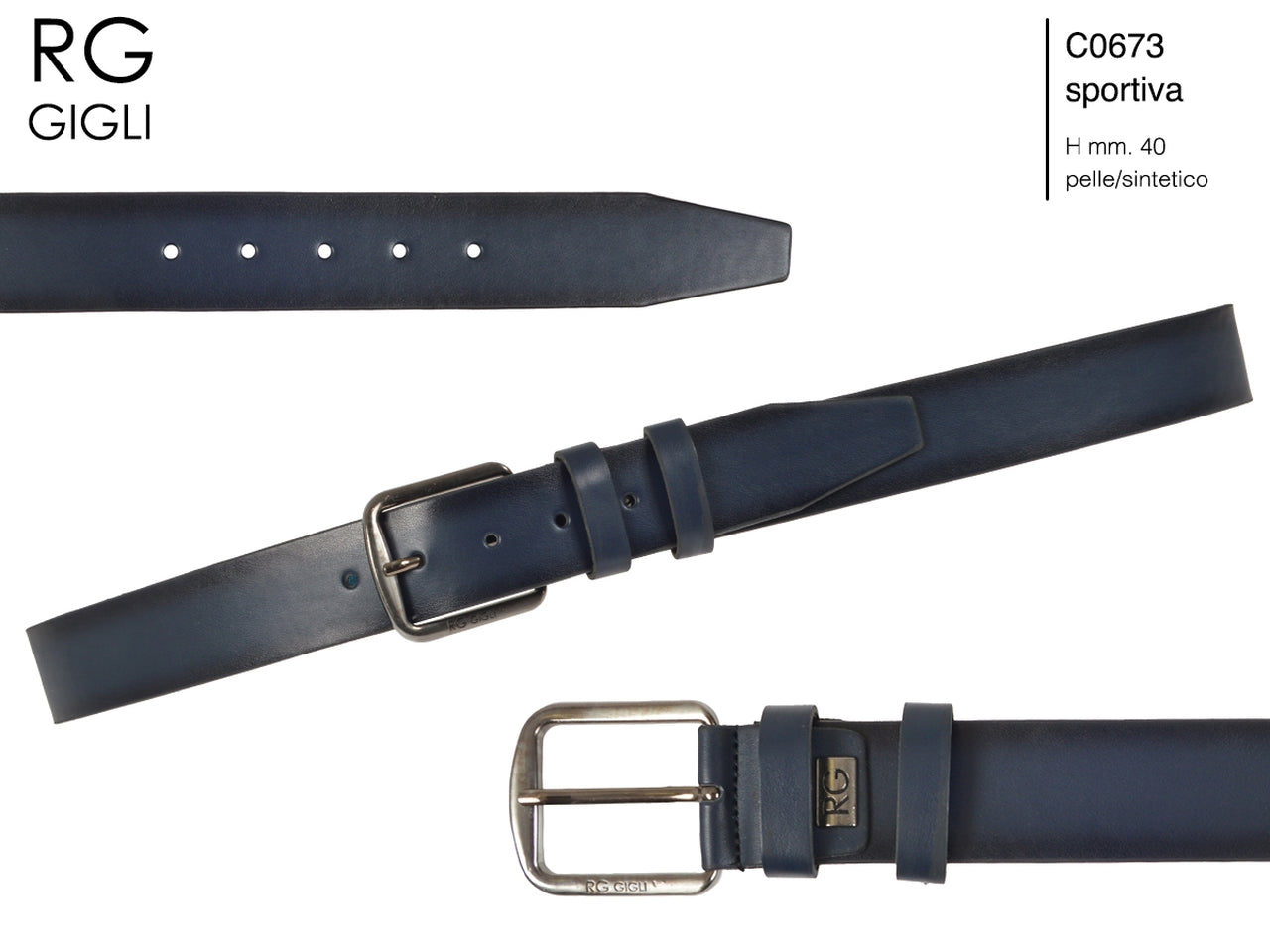 Cintura uomo Romeo Gigli blu in pelle sintetica con fibbia in metallo grigio opaco da 40 mm, taglia unica