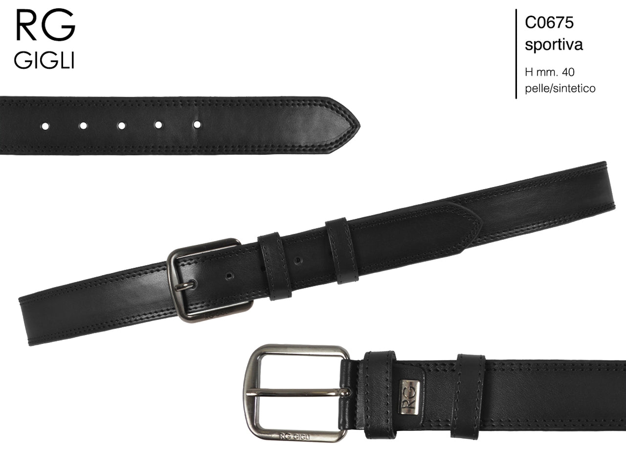 Cintura uomo Romeo Gigli nero in pelle sintetica con fibbia in metallo grigio opaco da 40 mm, taglia unica