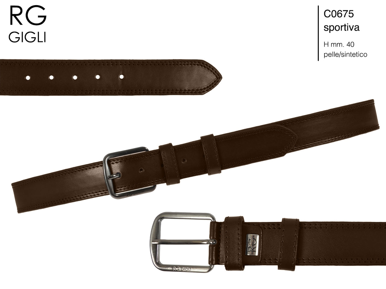 Cintura uomo Romeo Gigli marrone in pelle sintetica con fibbia in metallo grigio opaco da 40 mm, taglia unica