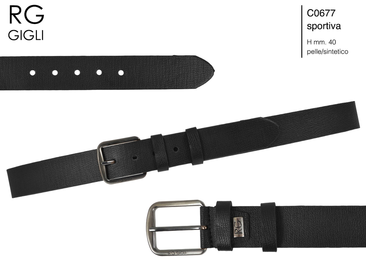 Cintura uomo Romeo Gigli nero in pelle sintetica con fibbia in metallo grigio opaco da 40 mm, taglia unica