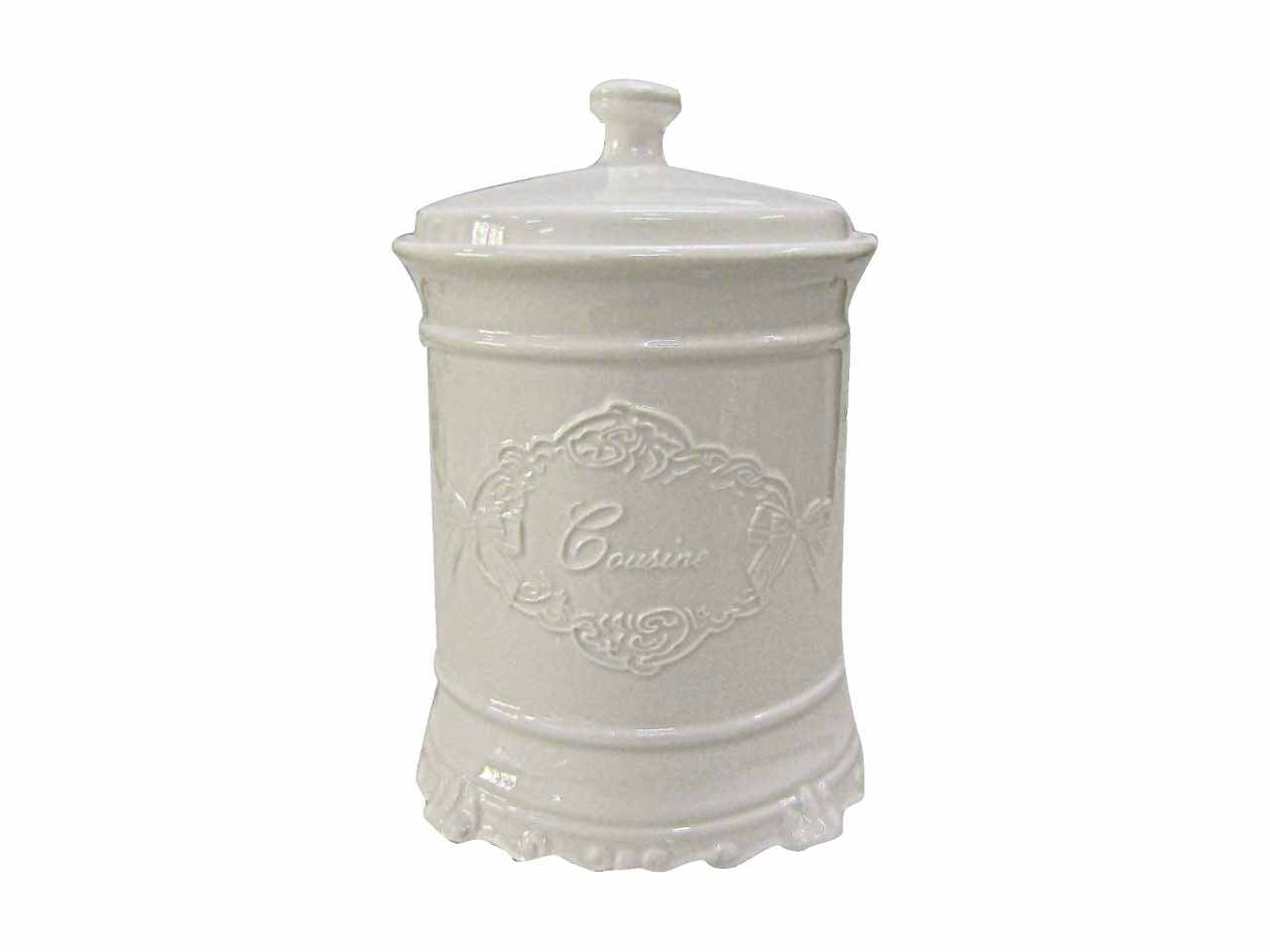 Barattolo in porcellana, colore bianco , misura articolo: d.15xh. 22cm, adatto in lavastoviglie, con scritta: cuisine