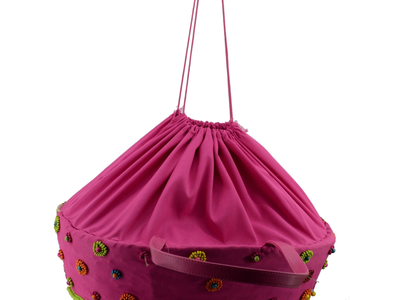 Borsa da spiaggia donna in paglia e tessuto - naturale e rosa con fantasia arcobaleno, frange e pompon, mini tasca laterale interna con cerniera, chiusura a coulisse - 50x16xh30cm - Vacchetti