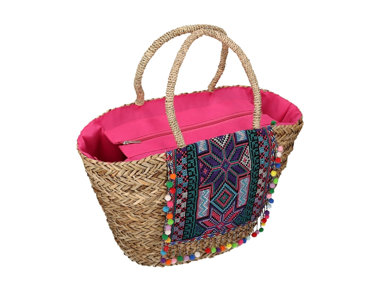 Borsa da spiaggia donna in paglia e tessuto, naturale e multicolor con fantasia floreale e pompon, mini tasca laterale interna, chiusura a cerniera - 58x18xh30cm - Vacchetti