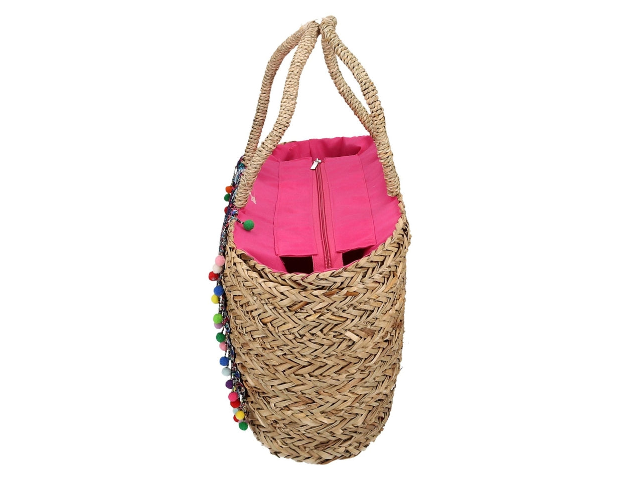 Borsa da spiaggia donna in paglia e tessuto, naturale e multicolor con fantasia floreale e pompon, mini tasca laterale interna, chiusura a cerniera - 58x18xh30cm - Vacchetti