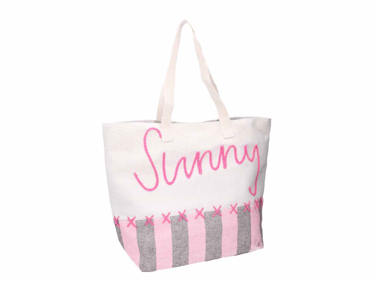Borsa spiaggia con ricamo rosa in tessuto
