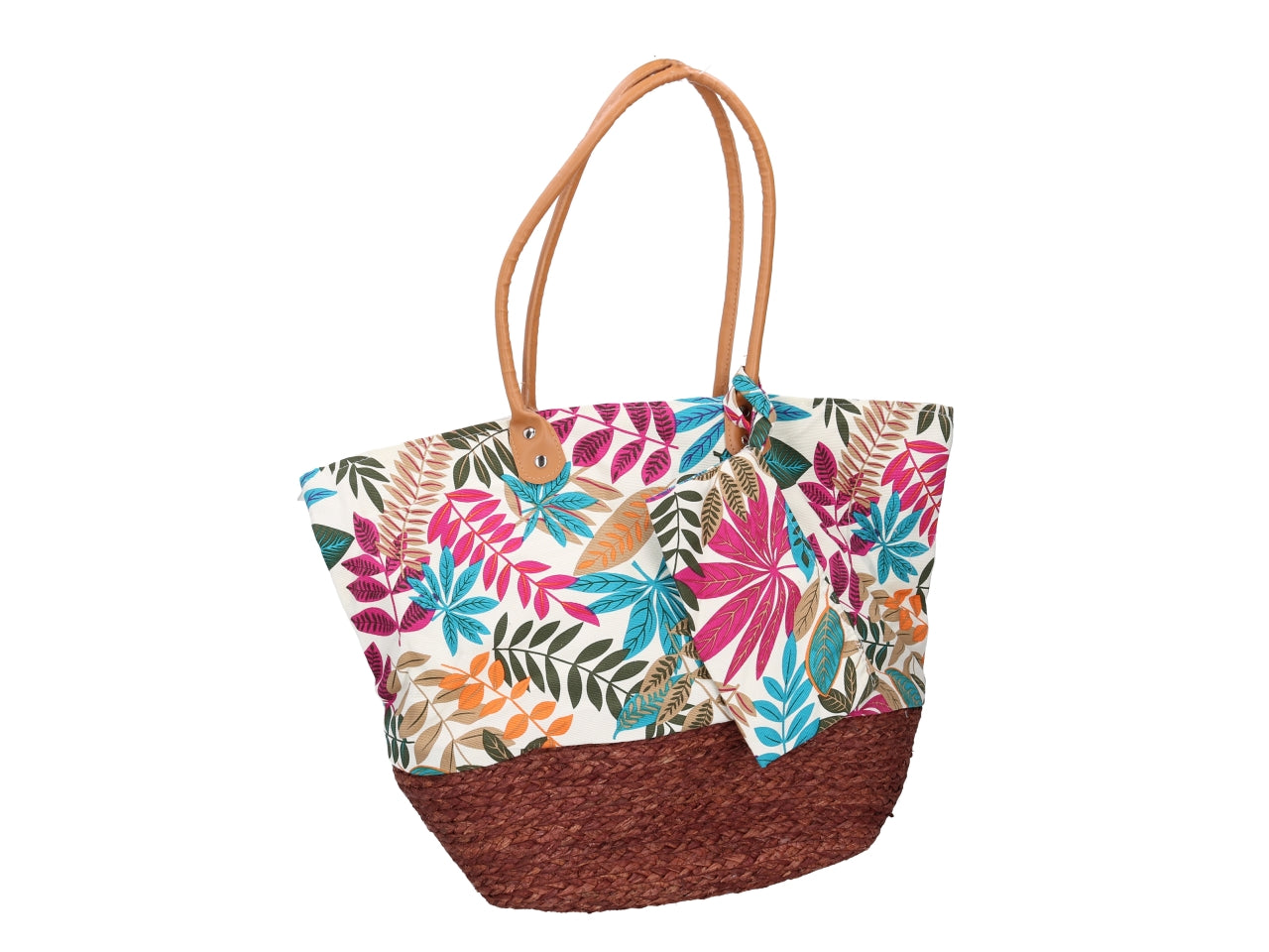 Borsa da spiaggia donna in tessuto e rattan con fantasia floreale e maniglie in similpelle - multicolore con mini pochette inclusa, tasca laterale interna, chiusura a zip - 47x12xh.38/60cm - vacchetti