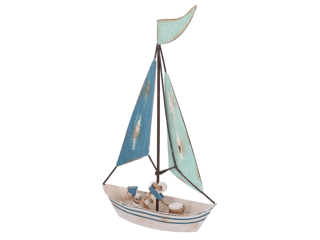 Barca decorativa in metallo e legno colore bianco e azzurro stile marinaro - 15x5x26 cm