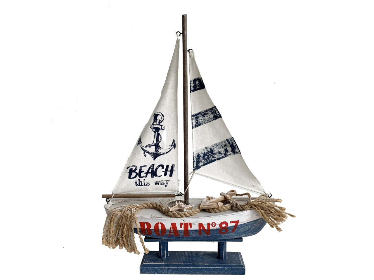 Barca decorativa in legno colore bianco e blu stile marinaro - 28x8x41 cm - Vacchetti