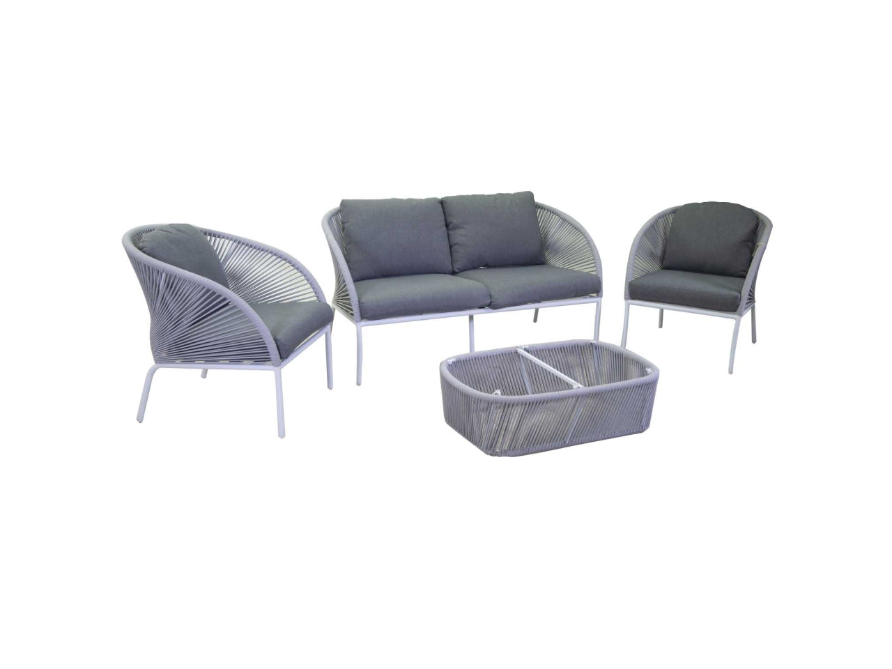 Set da giardino in alluminio bianco, moderno con cuscini grigio antracite - 2 poltrone + divano 2 posti + tavolino vetro - Vacchetti