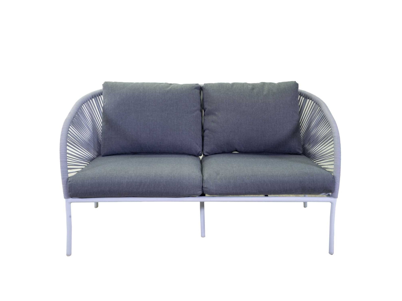 Set da giardino in alluminio bianco, moderno con cuscini grigio antracite - 2 poltrone + divano 2 posti + tavolino vetro - Vacchetti