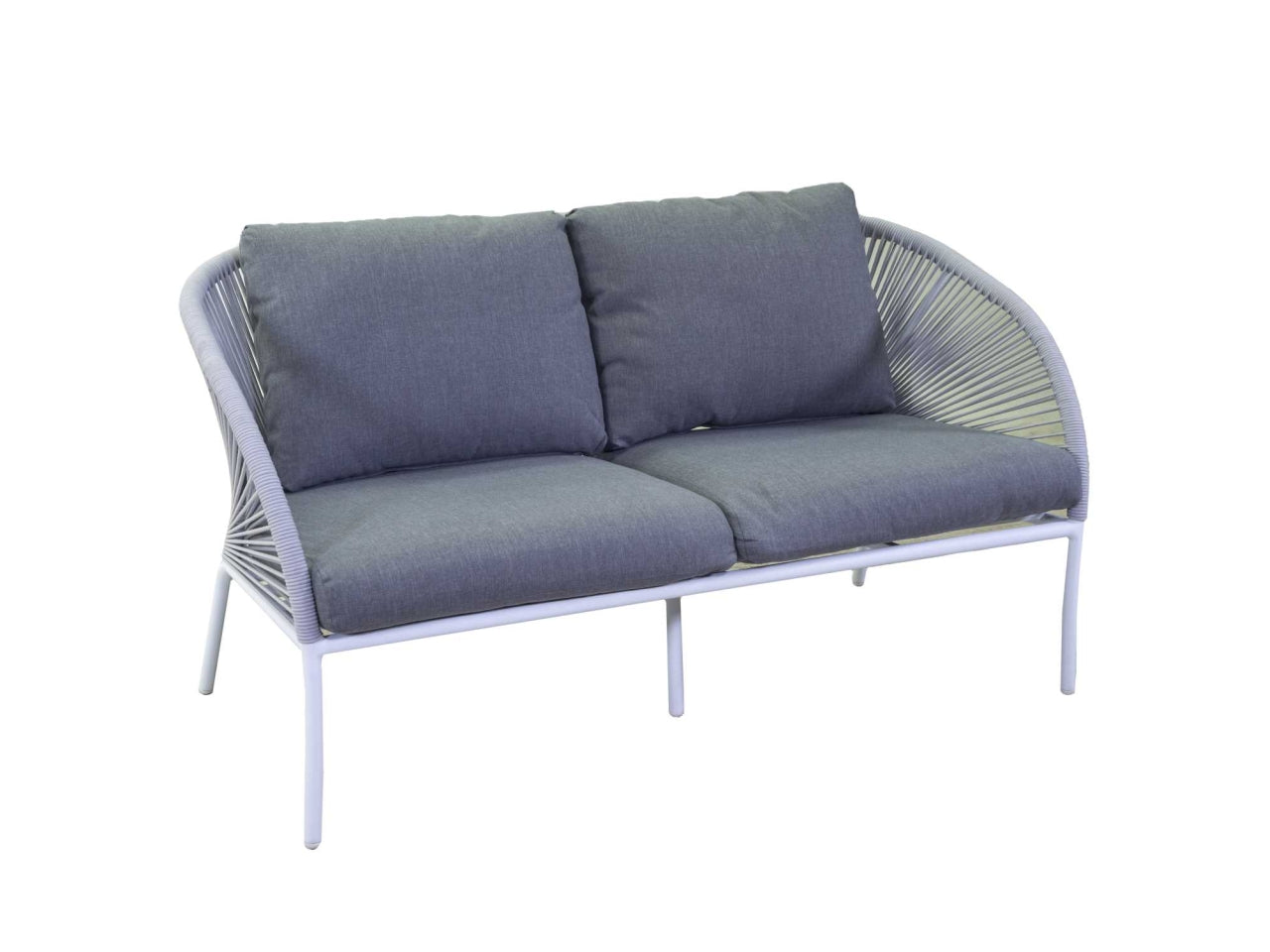Set da giardino in alluminio bianco, moderno con cuscini grigio antracite - 2 poltrone + divano 2 posti + tavolino vetro - Vacchetti