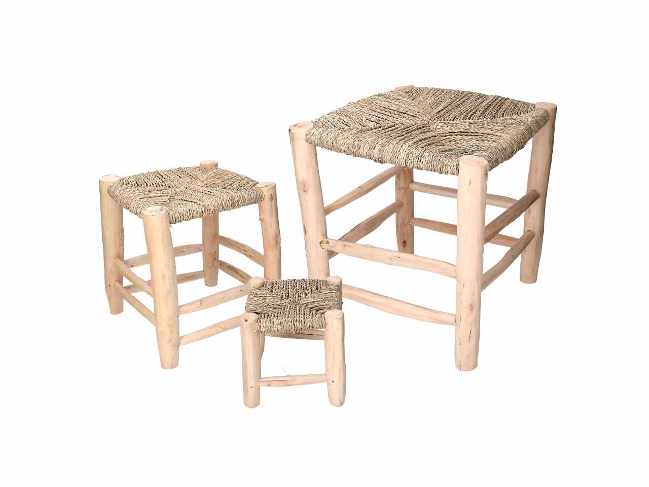 Tris di sgabelli in legno impagliato quadrati 22x22xh.22cm 30x30xh.34cm 41x41xh.45cm