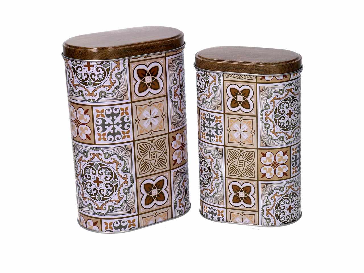 Scatola in metallo con disegno mandala colore bianco forma ovale set da 2 pezzi misure: 11,5x7xh.18cm e 13,4x8,6h20,3cm
