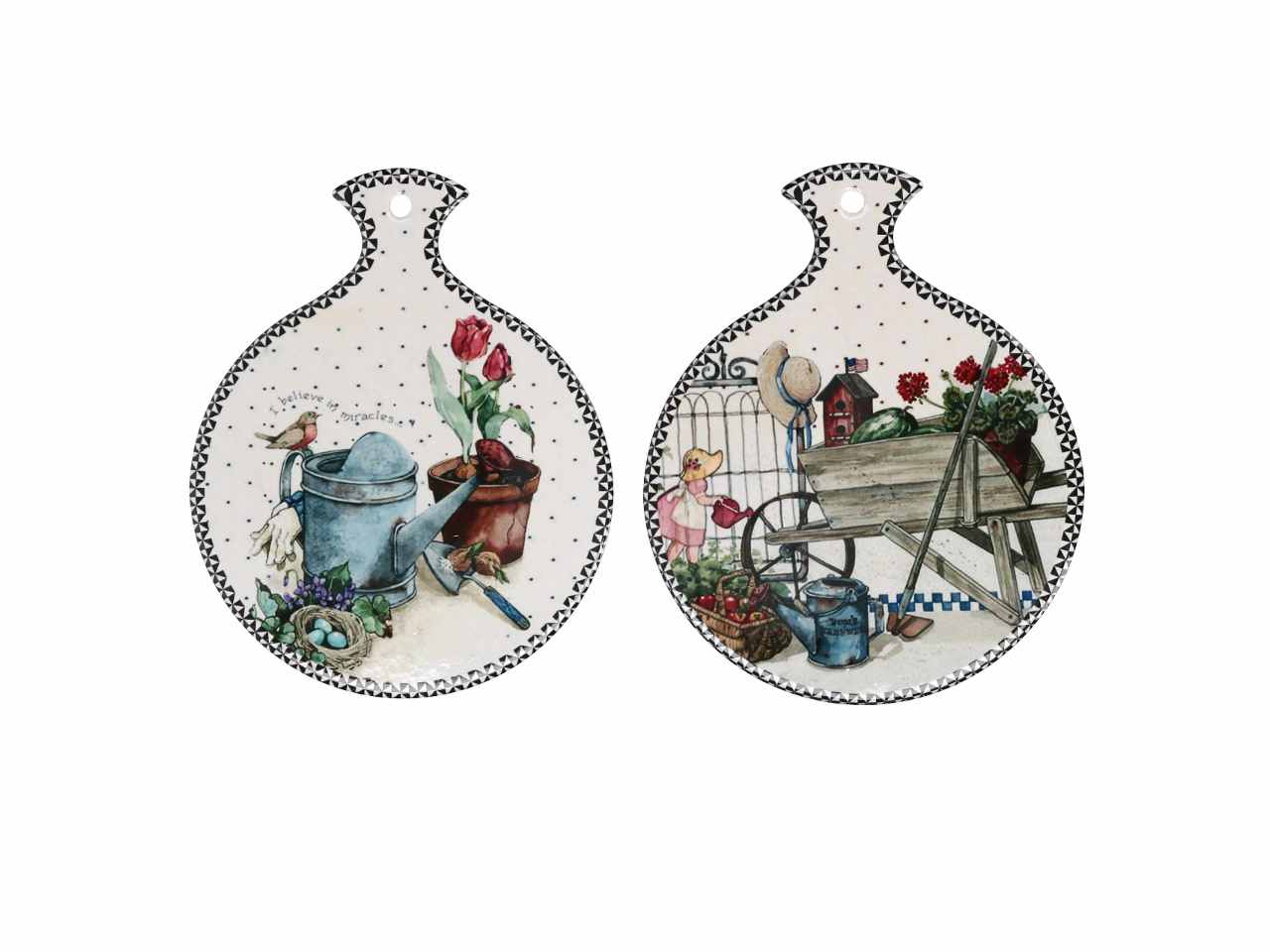 Mattonella in ceramica con fantasia giardino e sfondo bianco forma rotonda in 2 assortimenti 18,7x15xh.0,6cm