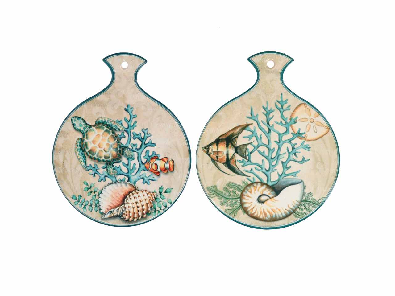 Mattonella in ceramica con fantasia conchiglie e sfondo beige forma rotonda in 2 assortimenti 18,7x15xh.0,6cm