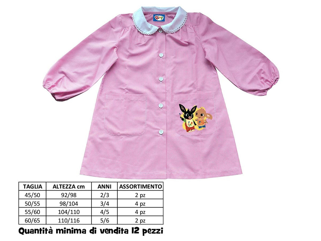 Grembiule asilo Bing bambina rosa vichy con colletto bianco - Coriex