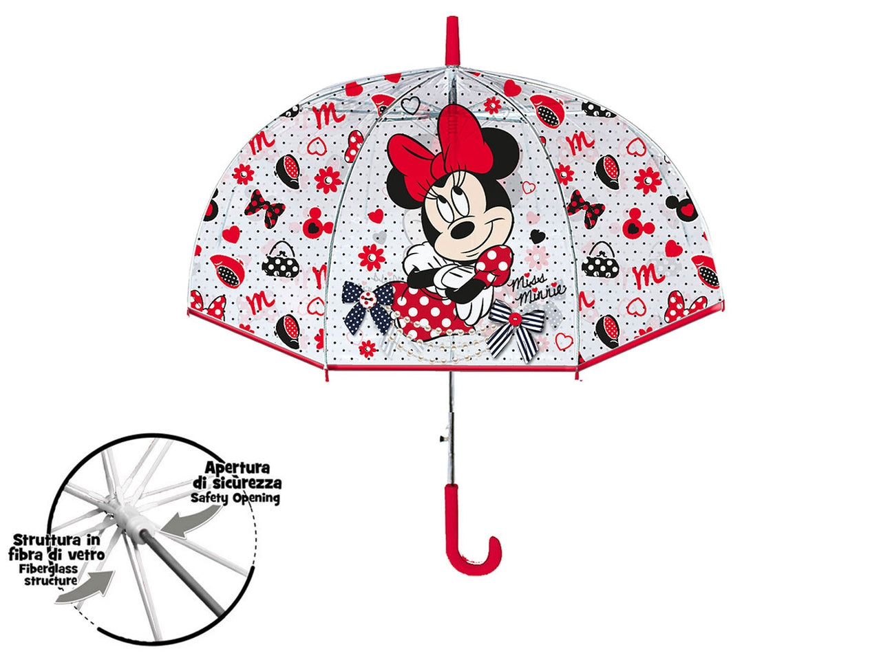 Ombrello trasparente Minnie per bambina in pvc e fibra di vetro rosso e nero 60 cm - Coriex