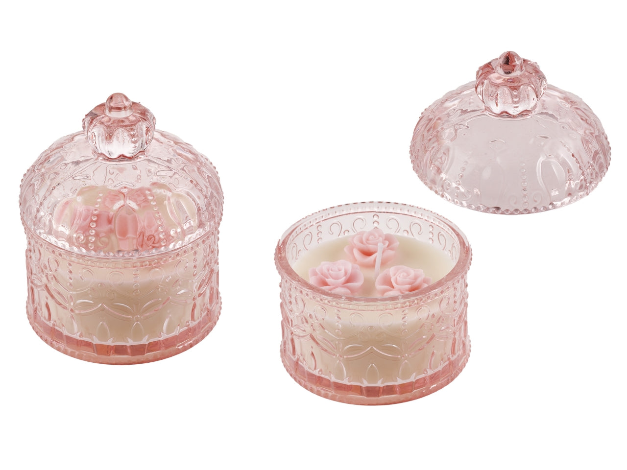 Candela in vetro rosa con decorazione 9x11 cm