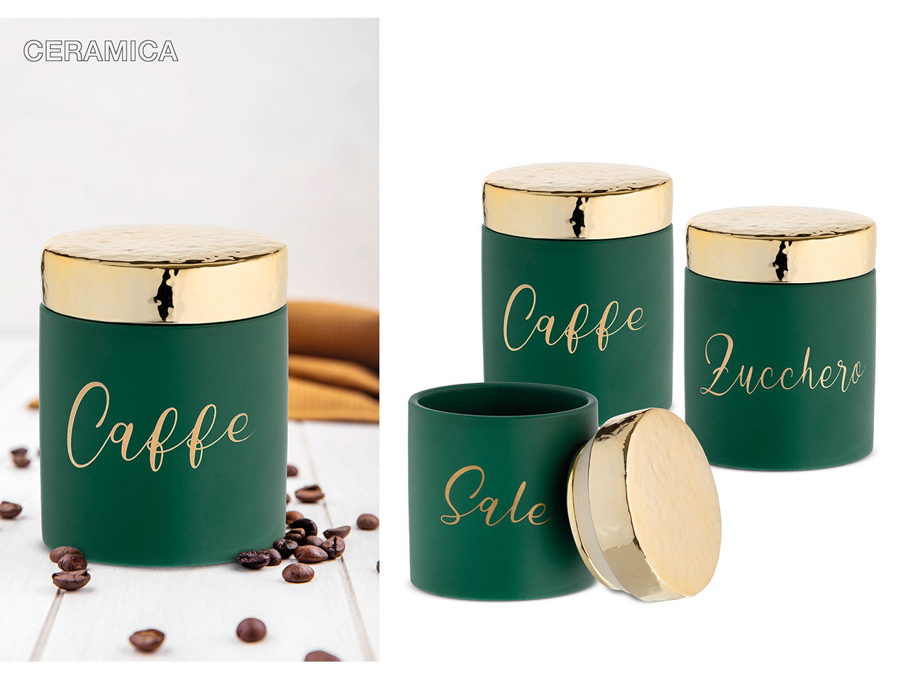 Barattoli decorativi moderni in ceramica verde e oro 11x13,5 cm, set da 3 - Giardini di Marzo