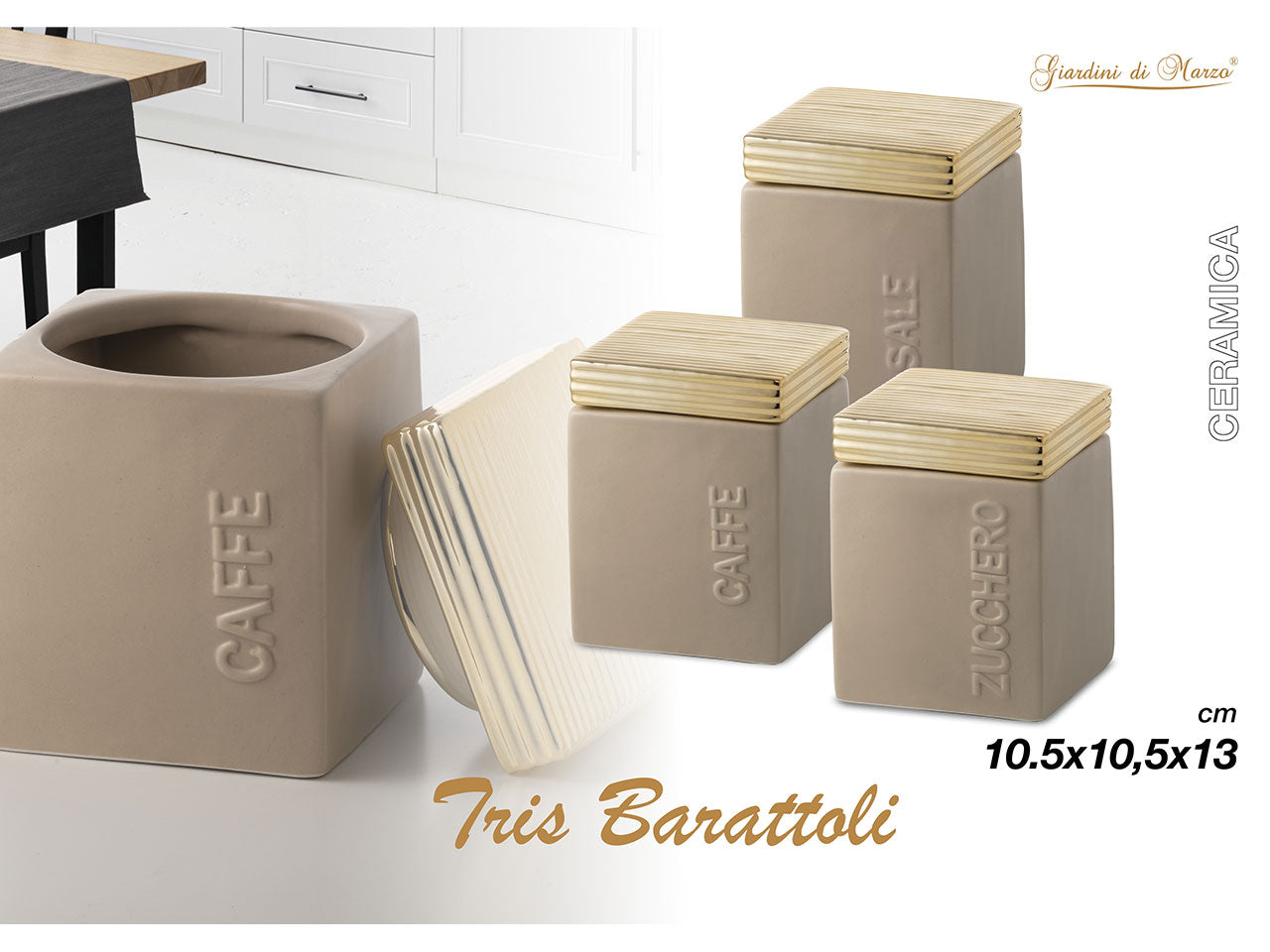Tris barattoli quadrati caffe, zucchero e sale in ceramica 10,5x10,5xh.13cm con coperchio oro