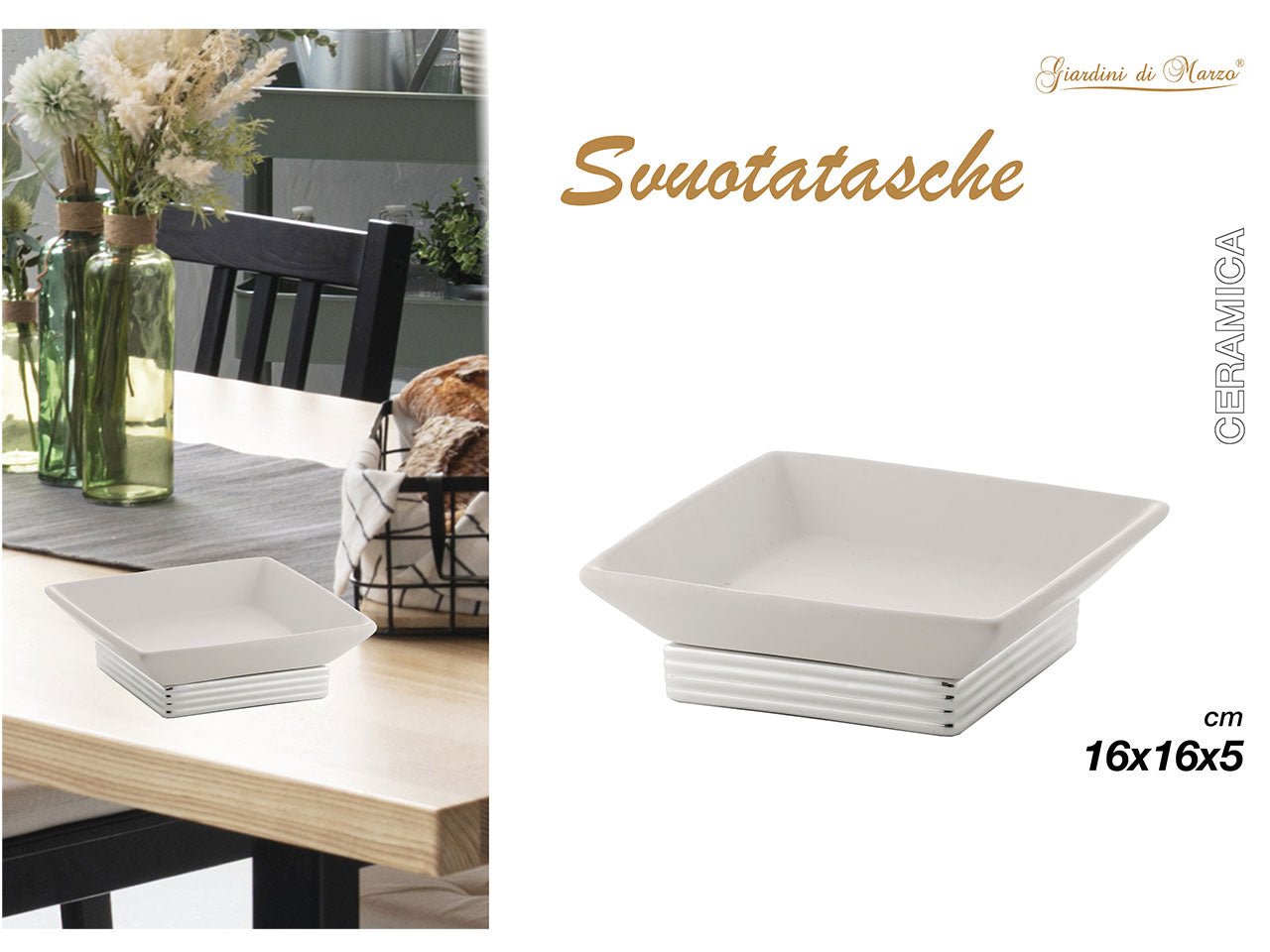 Svuota tasche quadrato in ceramica 16x16xh.5cm con base argento