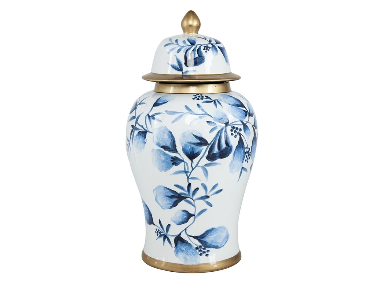 Vaso con coperchio vintage in porcellana, fantasia floreale orientale, colori blu, dorato e avorio, forma rotondeggiante - d.24xh.45cm - Plàthea