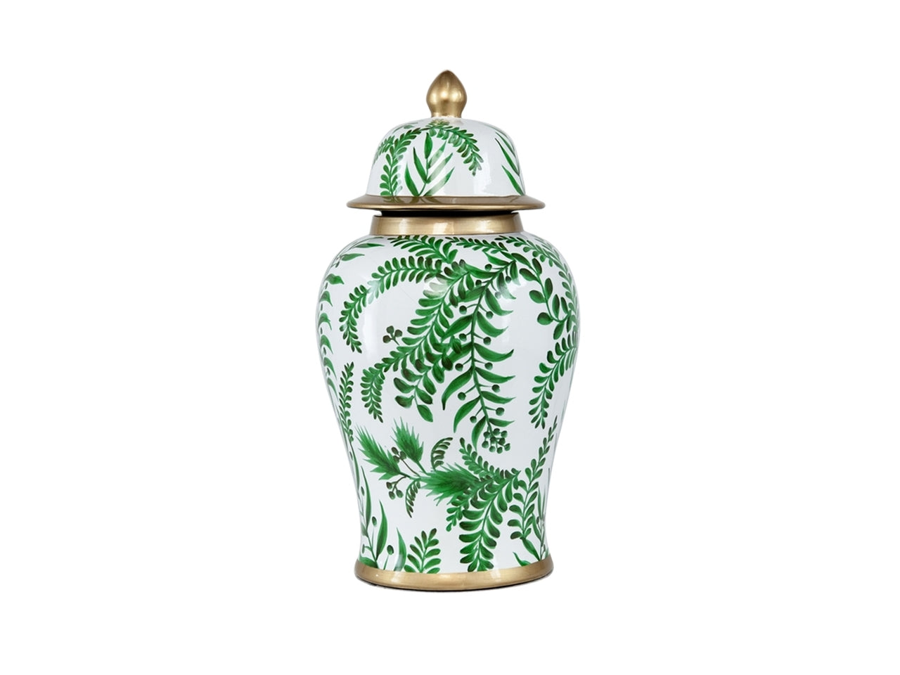 Vaso da arredo vintage in porcellana verde e avorio, fantasia tropicale con coperchio, 24x45cm - Plàthea